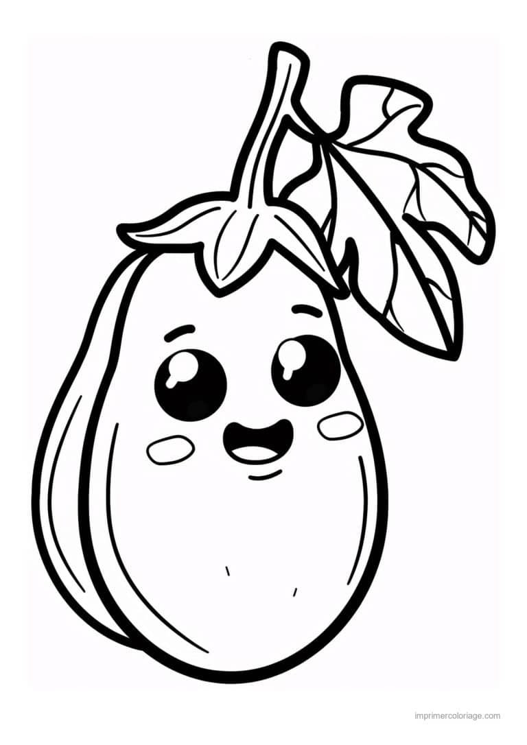 coloriage aubergine aubergine kawaii et sa feuille - dessin gratuit &agrave; imprimer