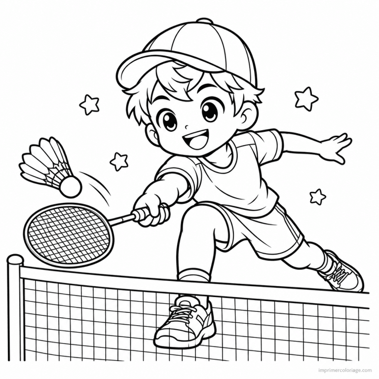 coloriage badminton cute joueur casquette pres filet - dessin gratuit &agrave; imprimer