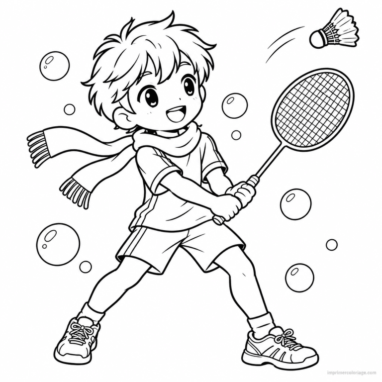 coloriage badminton cute joueur mignon echarpe raquette - dessin gratuit &agrave; imprimer