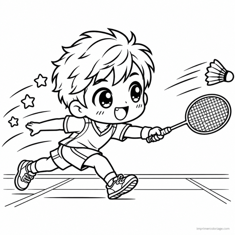 coloriage badminton kawaii joueur course laterale - dessin gratuit &agrave; imprimer
