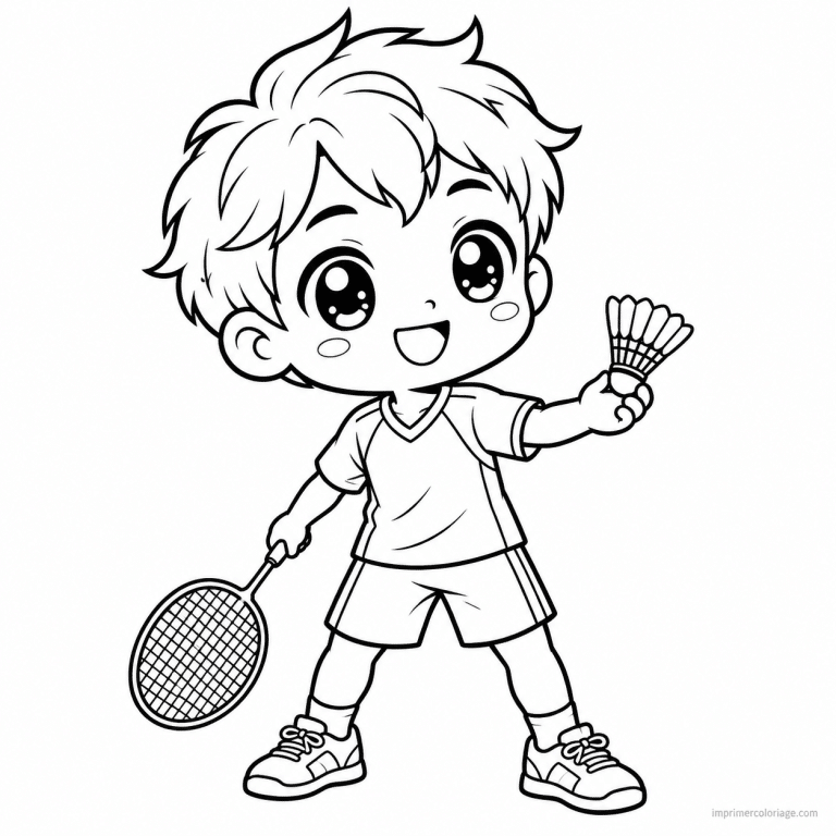 coloriage badminton kawaii joueur service volant - dessin gratuit &agrave; imprimer