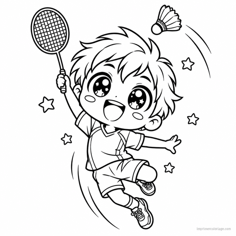 coloriage badminton kawaii joueur smash aerien - dessin gratuit &agrave; imprimer