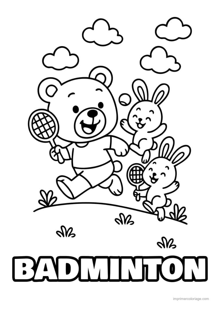 coloriage badminton ourson lapins raquettes - dessin gratuit &agrave; imprimer