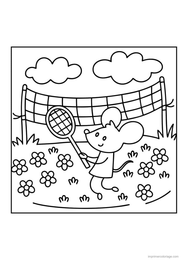 coloriage badminton souris raquette filet - dessin gratuit &agrave; imprimer
