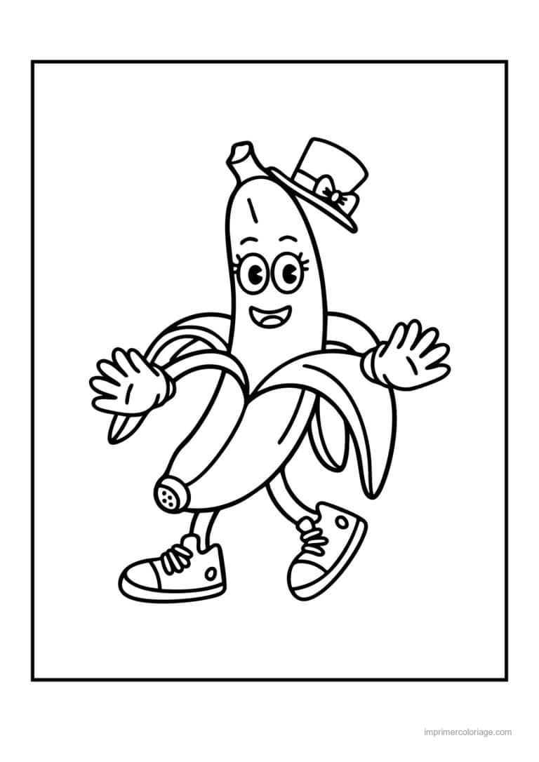 coloriage banane banane kawaii au chapeau 2 - dessin gratuit &agrave; imprimer