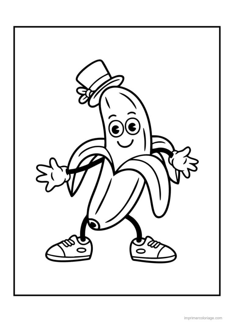 coloriage banane banane kawaii au haut de forme - dessin gratuit &agrave; imprimer