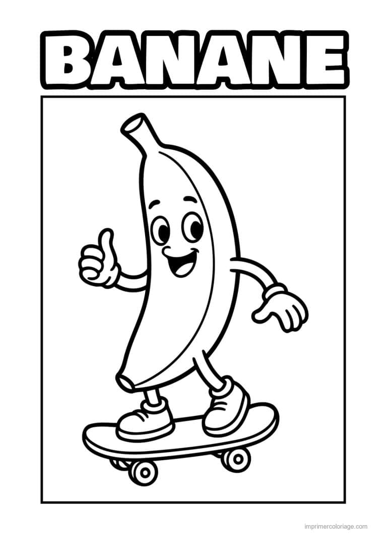 coloriage banane banane kawaii en skateboard - dessin gratuit &agrave; imprimer