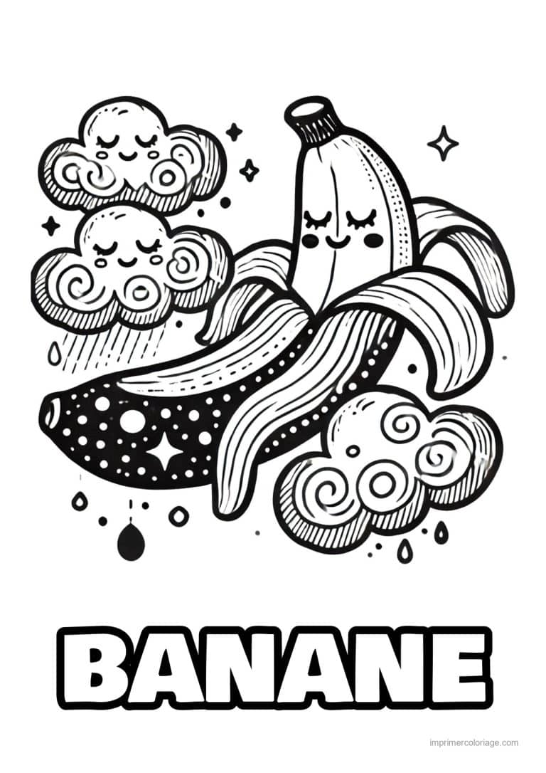 coloriage banane bananes kawaii dans les nuages - dessin gratuit &agrave; imprimer