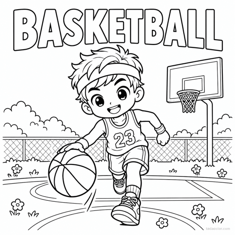 coloriage basketball cute joueur mignon bandeau dribble titre haut - dessin gratuit &agrave; imprimer