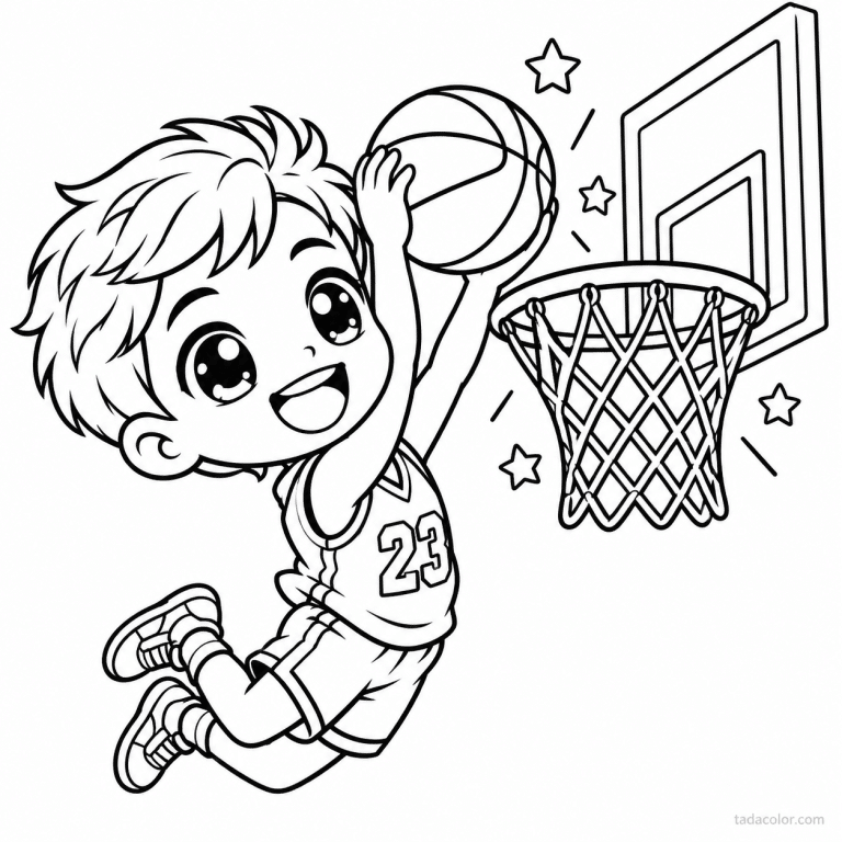 coloriage basketball kawaii joueur dunk panier - dessin gratuit &agrave; imprimer