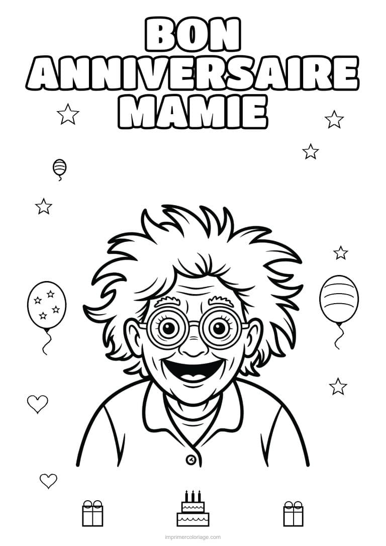 coloriage bon anniversaire mamie mamie ebouriffee qui rit - dessin gratuit &agrave; imprimer