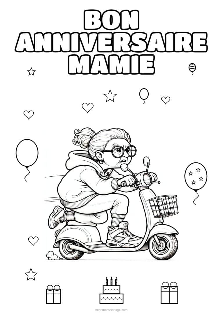 coloriage bon anniversaire mamie mamie en scooter - dessin gratuit &agrave; imprimer