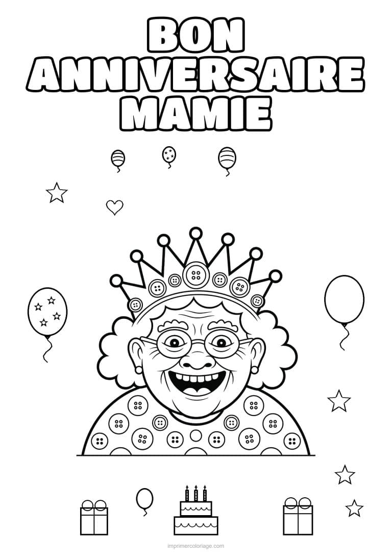 coloriage bon anniversaire mamie mamie et sa couronne de boutons - dessin gratuit &agrave; imprimer