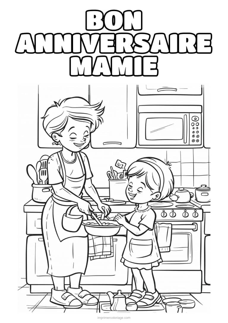 coloriage bon anniversaire mamie mamie et sa petite fille au tablier - dessin gratuit &agrave; imprimer