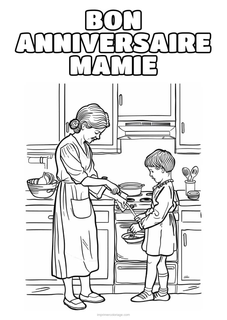 coloriage bon anniversaire mamie mamie et son petit fils aux fourneaux - dessin gratuit &agrave; imprimer