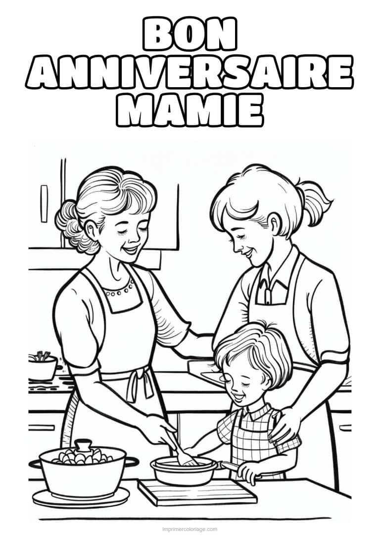 coloriage bon anniversaire mamie mamie maman et le petit garcon - dessin gratuit &agrave; imprimer