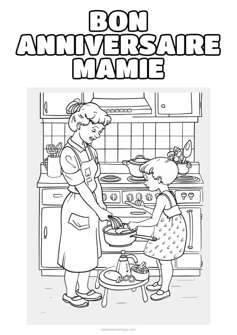 coloriage bon anniversaire mamie mamie qui cuisine avec sa petite fille - dessin gratuit &agrave; imprimer