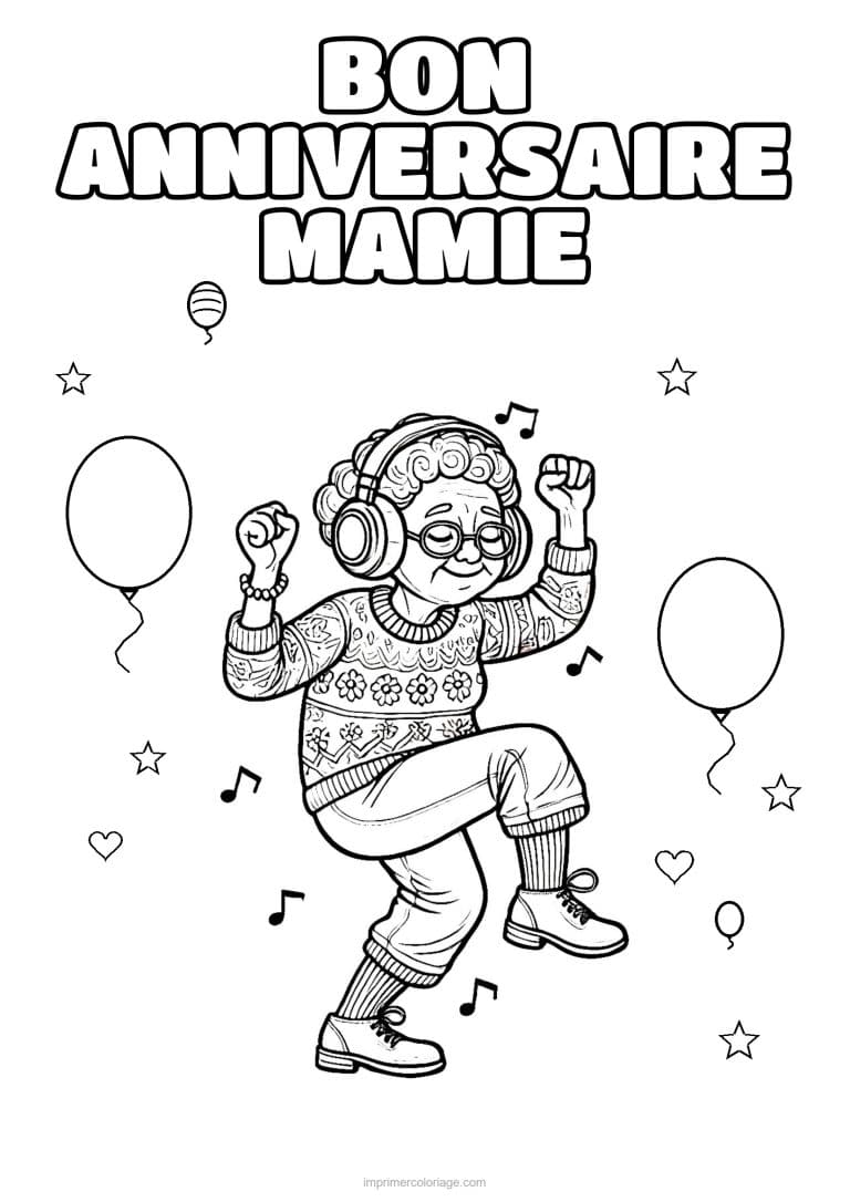 coloriage bon anniversaire mamie mamie qui danse avec son casque - dessin gratuit &agrave; imprimer