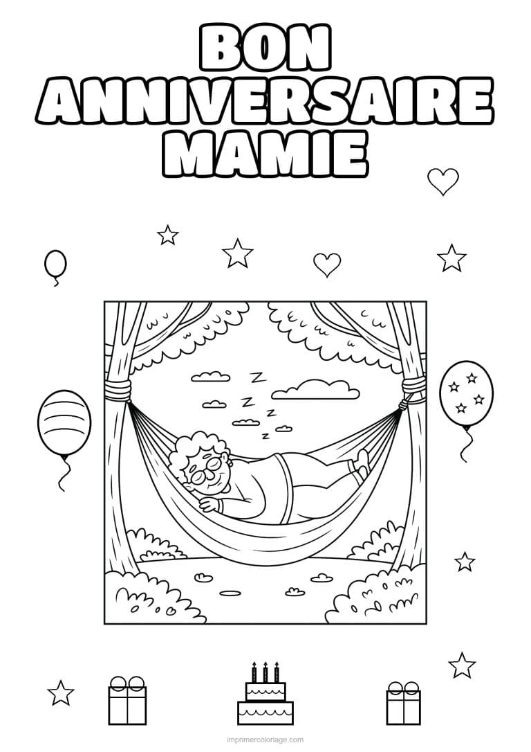 coloriage bon anniversaire mamie mamie qui dort dans un hamac - dessin gratuit &agrave; imprimer
