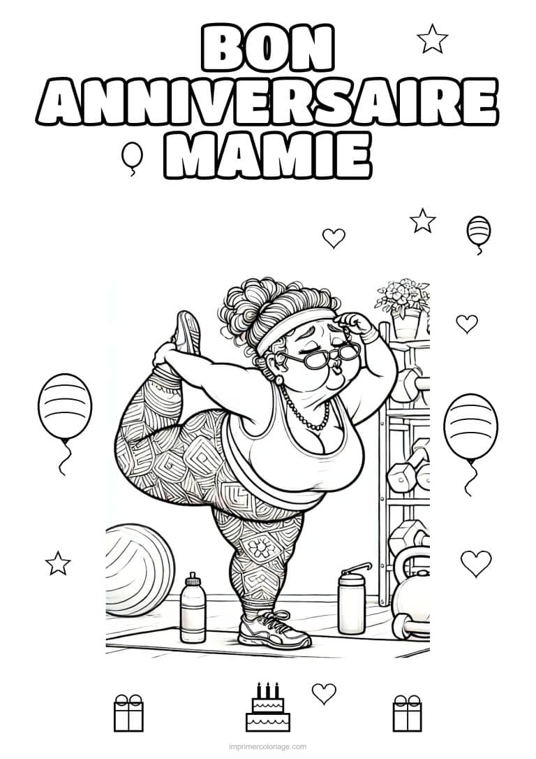 coloriage bon anniversaire mamie mamie qui fait du yoga - dessin gratuit &agrave; imprimer