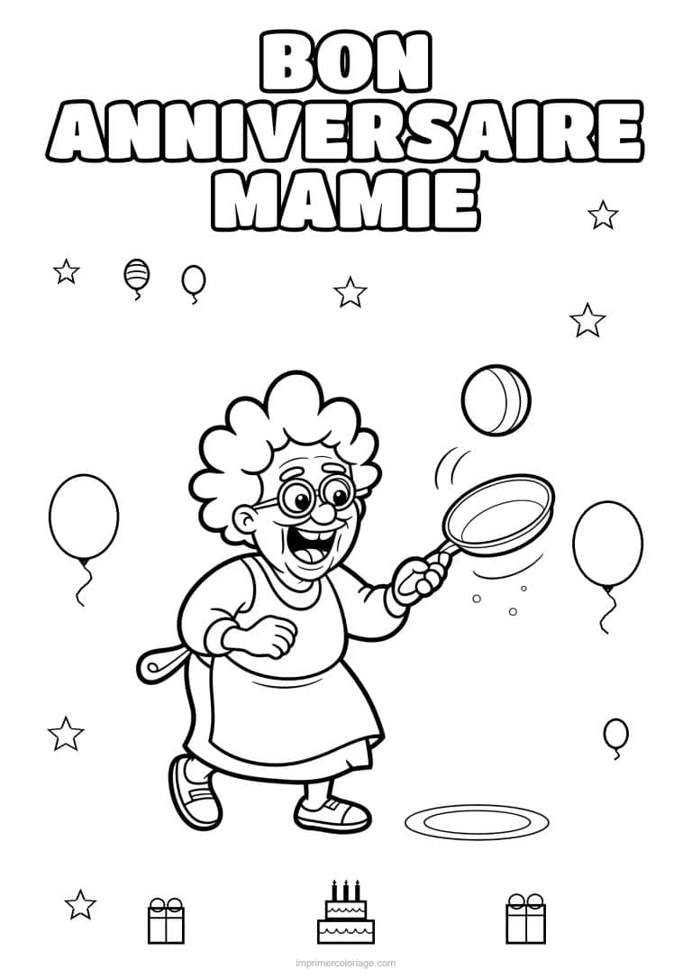 coloriage bon anniversaire mamie mamie qui fait sauter une crepe - dessin gratuit &agrave; imprimer
