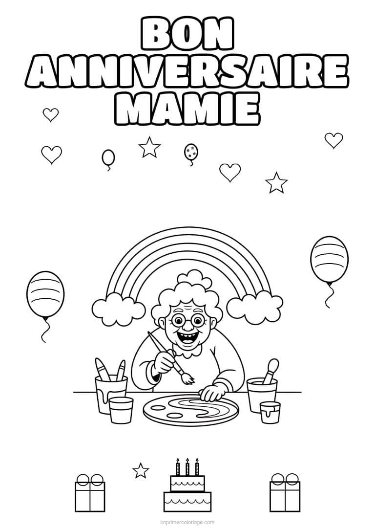 coloriage bon anniversaire mamie mamie qui peint a sa table - dessin gratuit &agrave; imprimer