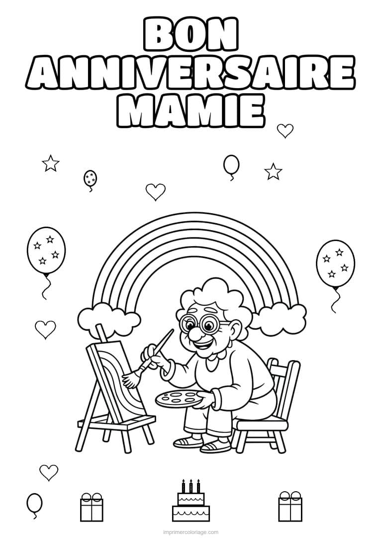 coloriage bon anniversaire mamie mamie qui peint devant un arc en ciel - dessin gratuit &agrave; imprimer