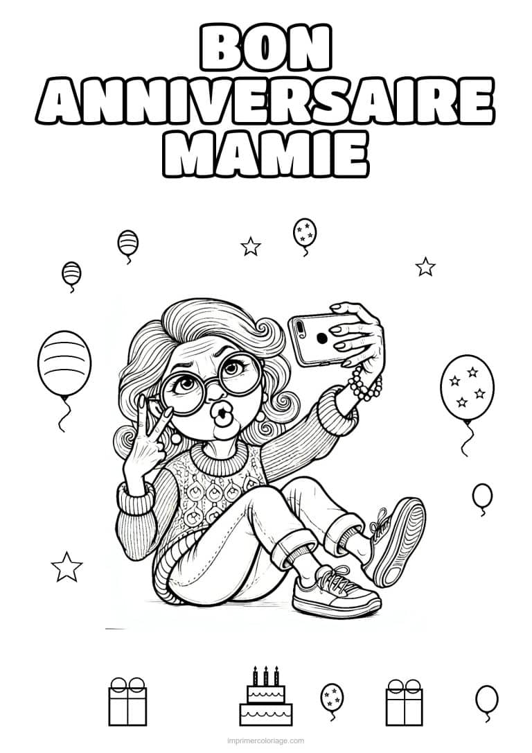 coloriage bon anniversaire mamie mamie qui prend un selfie - dessin gratuit &agrave; imprimer