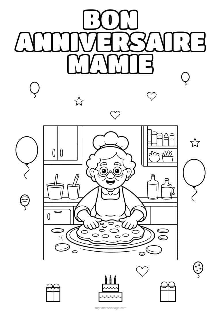 coloriage bon anniversaire mamie mamie qui prepare une pizza - dessin gratuit &agrave; imprimer