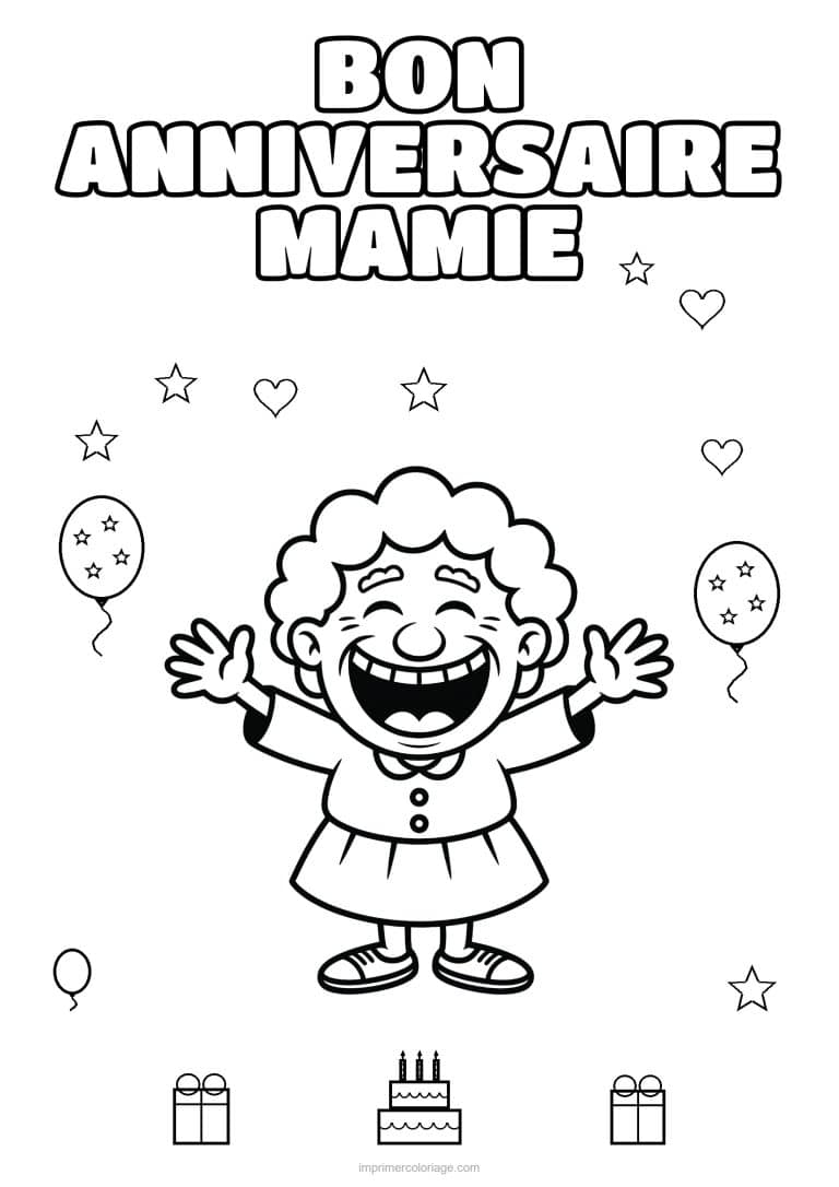 coloriage bon anniversaire mamie mamie qui rit les bras en l air - dessin gratuit &agrave; imprimer