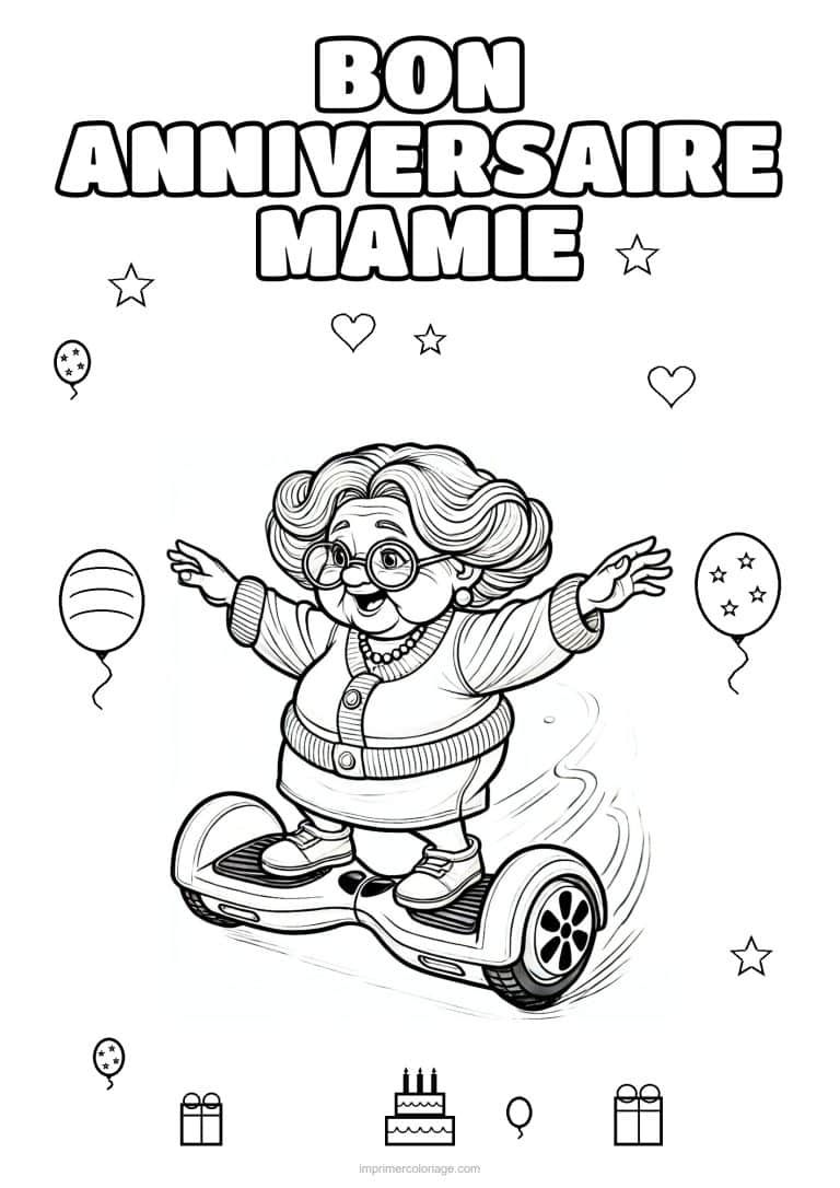 coloriage bon anniversaire mamie mamie sur son gyropode - dessin gratuit &agrave; imprimer