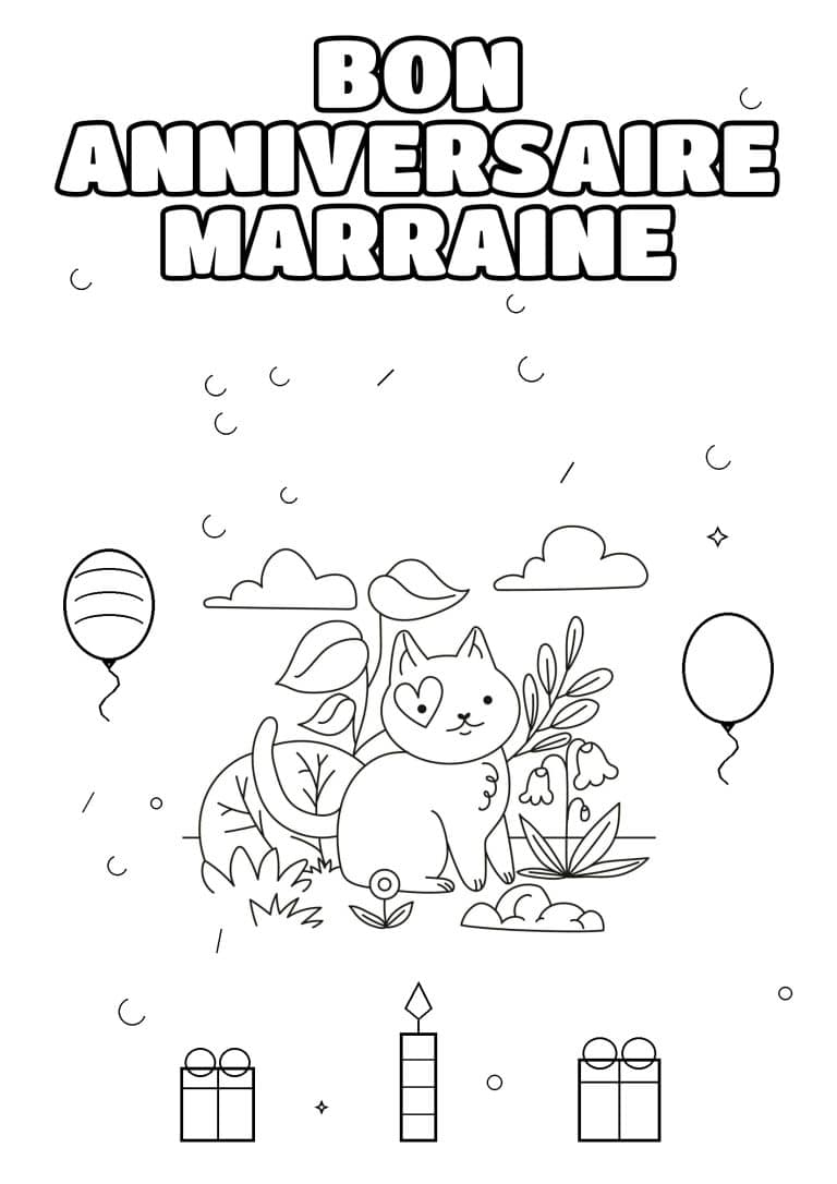 coloriage bon anniversaire marraine chat dans les fleurs - dessin gratuit &agrave; imprimer