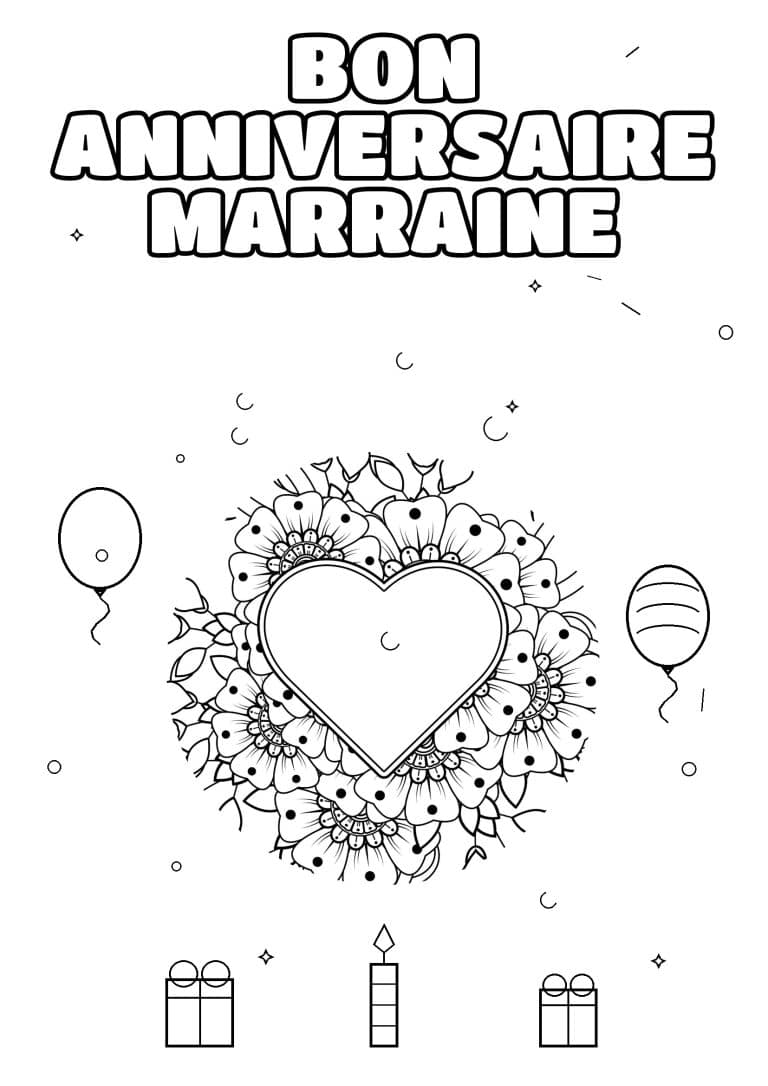 coloriage bon anniversaire marraine coeur entoure de fleurs - dessin gratuit &agrave; imprimer