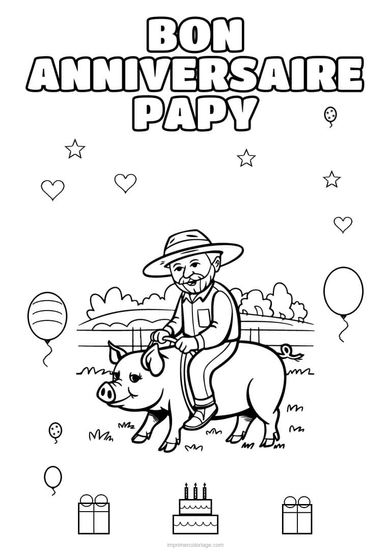 coloriage bon anniversaire papy papy a dos de cochon - dessin gratuit &agrave; imprimer