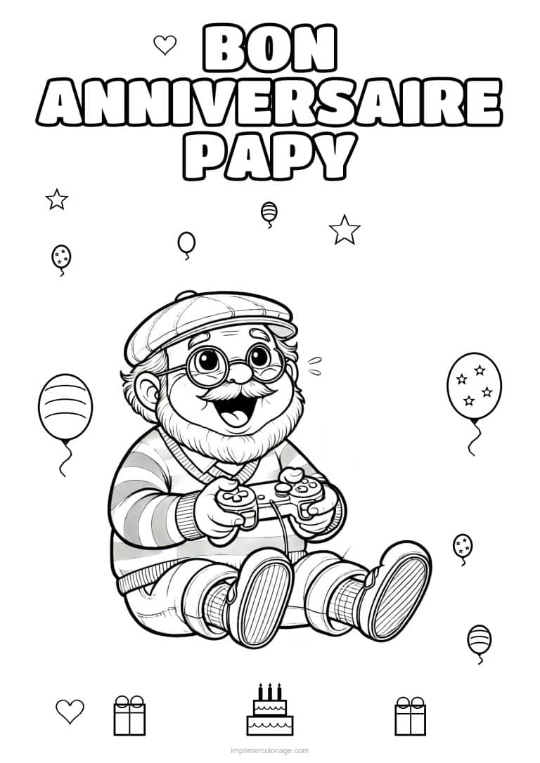coloriage bon anniversaire papy papy a la manette de jeu - dessin gratuit &agrave; imprimer