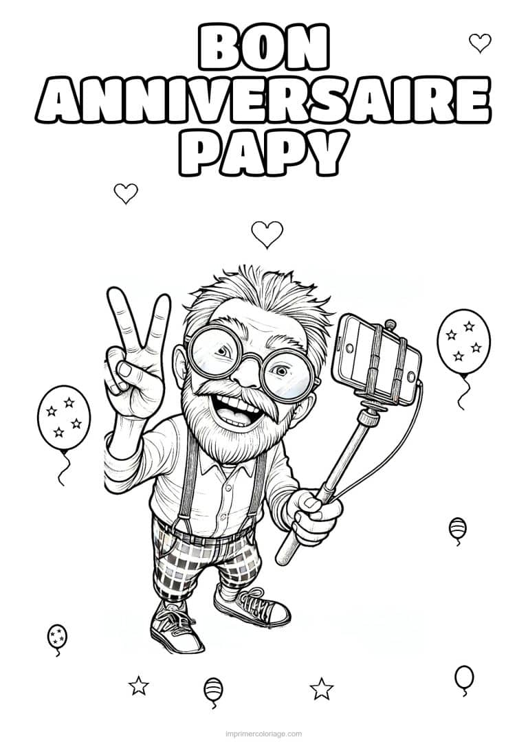 coloriage bon anniversaire papy papy a la perche a selfie - dessin gratuit &agrave; imprimer