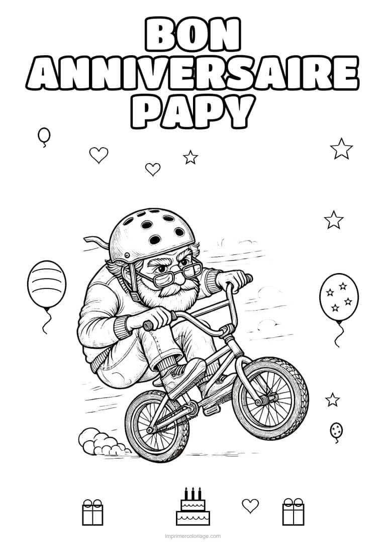 coloriage bon anniversaire papy papy a velo - dessin gratuit &agrave; imprimer