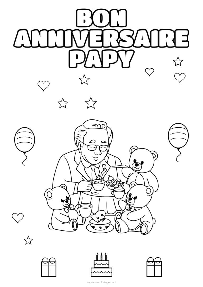 coloriage bon anniversaire papy papy au gouter des nounours - dessin gratuit &agrave; imprimer