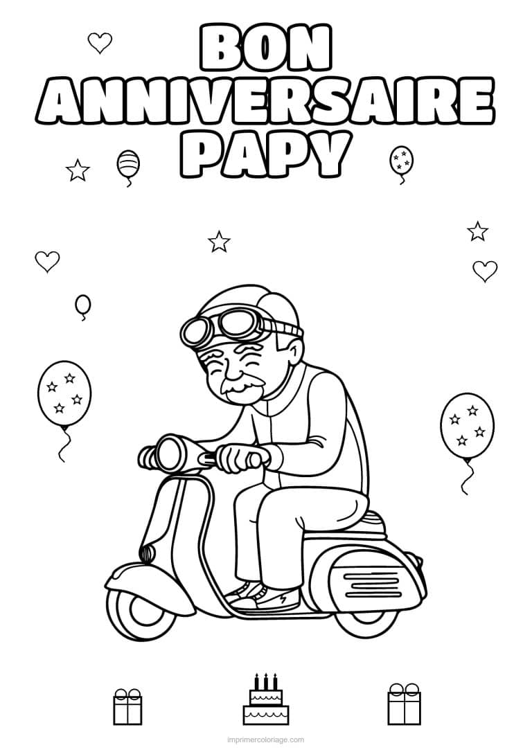 coloriage bon anniversaire papy papy en scooter - dessin gratuit &agrave; imprimer