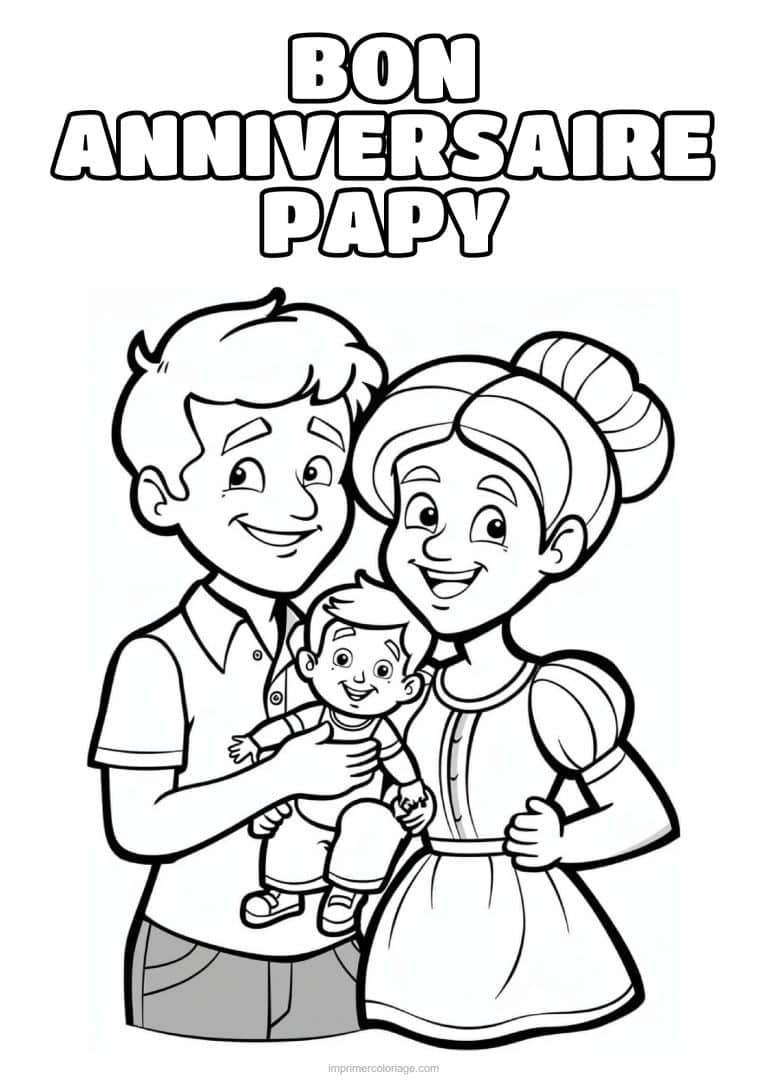 coloriage bon anniversaire papy papy et mamie avec le bebe - dessin gratuit &agrave; imprimer
