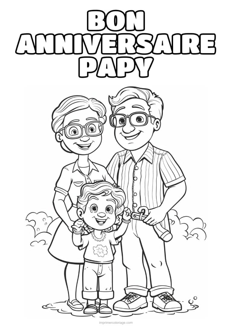 coloriage bon anniversaire papy papy et mamie avec leur petit fils - dessin gratuit &agrave; imprimer