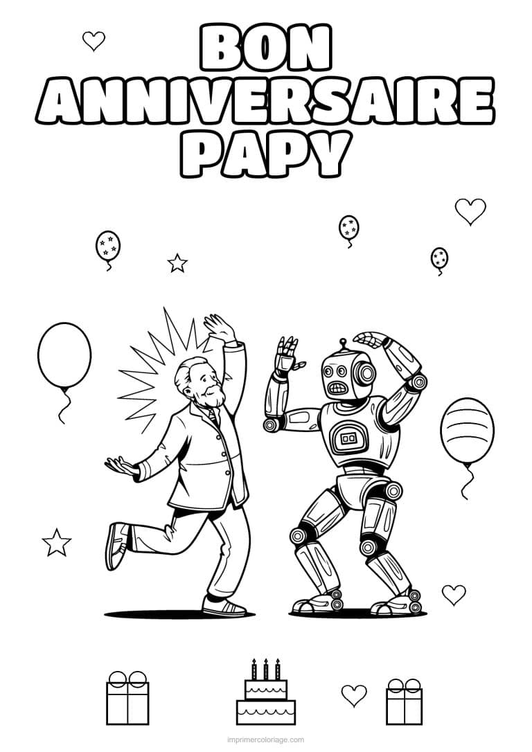 coloriage bon anniversaire papy papy qui danse avec un robot - dessin gratuit &agrave; imprimer
