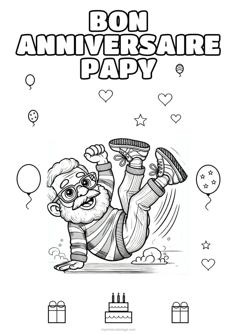 coloriage bon anniversaire papy papy qui fait la roue - dessin gratuit &agrave; imprimer