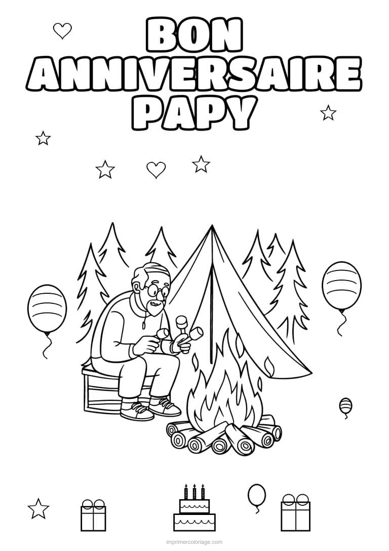 coloriage bon anniversaire papy papy qui grille une guimauve au feu de camp - dessin gratuit &agrave; imprimer