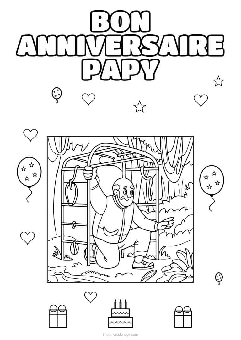 coloriage bon anniversaire papy papy qui grimpe dans la jungle - dessin gratuit &agrave; imprimer
