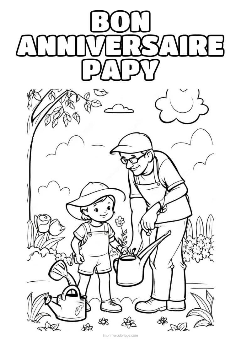 coloriage bon anniversaire papy papy qui jardine avec sa petite fille - dessin gratuit &agrave; imprimer