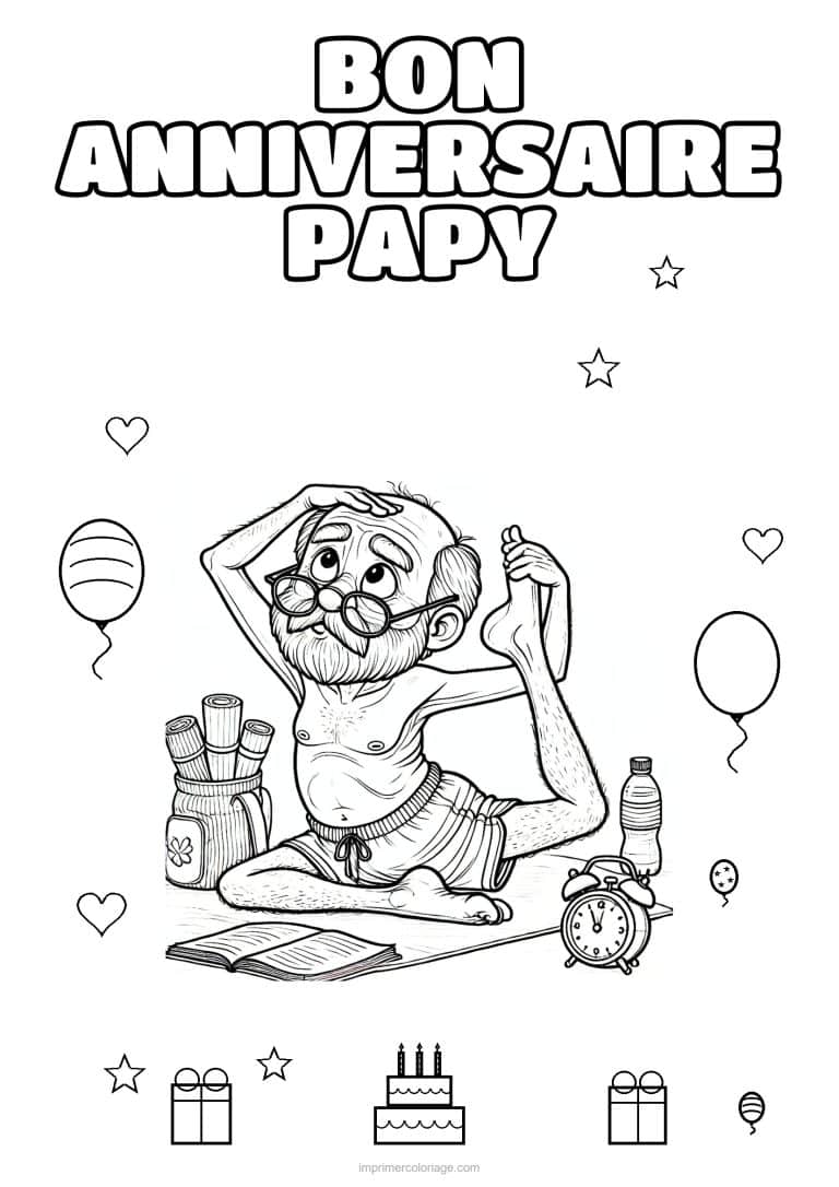 coloriage bon anniversaire papy papy qui s etire - dessin gratuit &agrave; imprimer