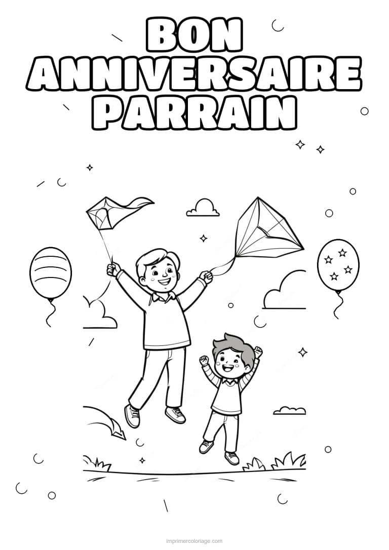 coloriage bon anniversaire parrain un adulte et ses enfants 2 - dessin gratuit &agrave; imprimer