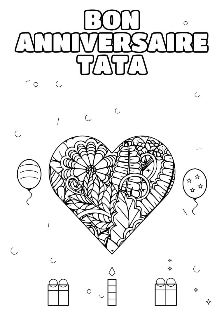coloriage bon anniversaire tata coeur fleuri et feuillages - dessin gratuit &agrave; imprimer