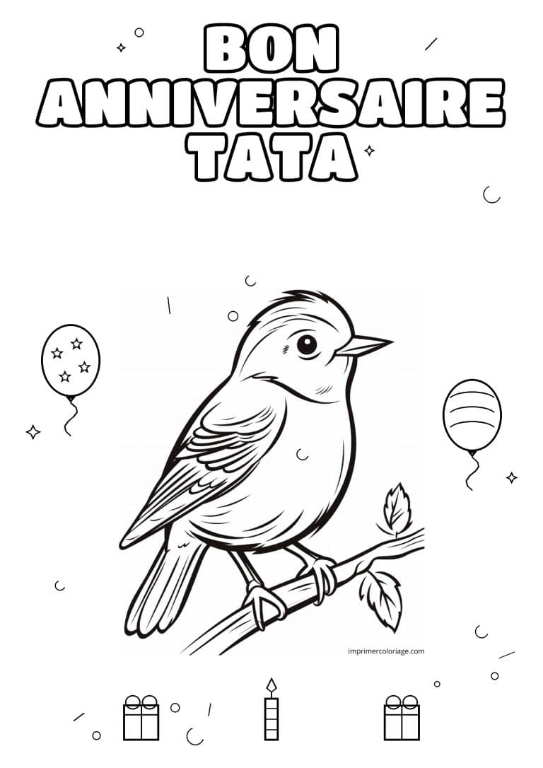 coloriage bon anniversaire tata oiseau sur la branche - dessin gratuit &agrave; imprimer